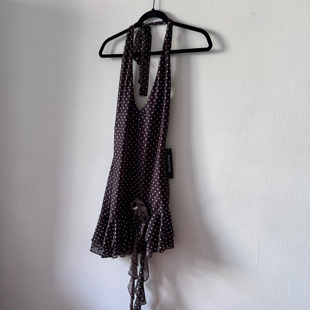 White fox coastal sway halter Brown Polka Dot Dress